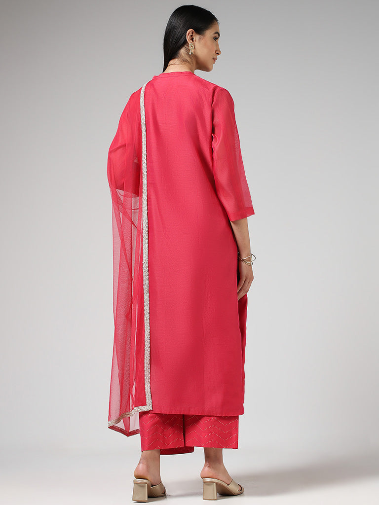 Vark Floral Embroidered Hot Pink Kurta, Palazzos & Dupatta