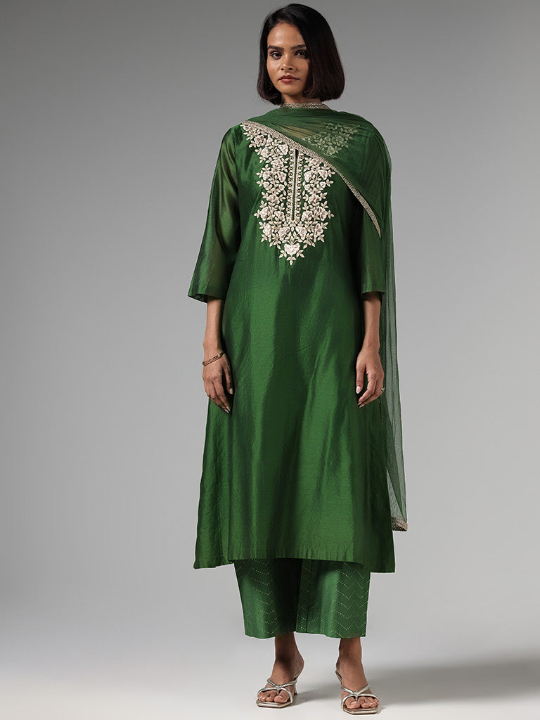 Vark Green Embroidery Kurta, Printed Palazzos & Dupatta Set