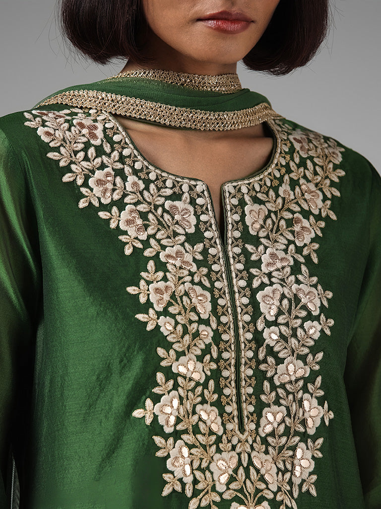 Vark Green Embroidery Kurta, Printed Palazzos & Dupatta Set