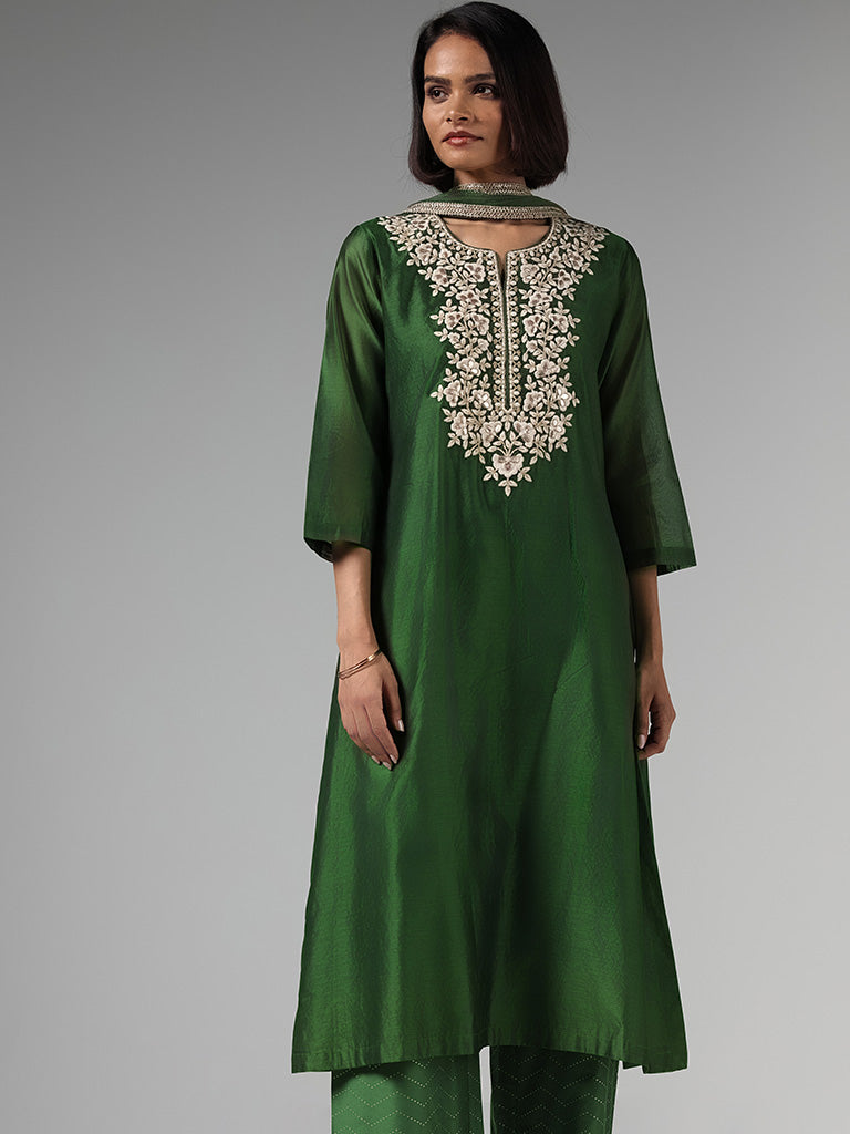 Vark Green Embroidery Kurta, Printed Palazzos & Dupatta Set