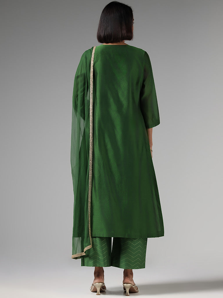 Vark Green Embroidery Kurta, Printed Palazzos & Dupatta Set