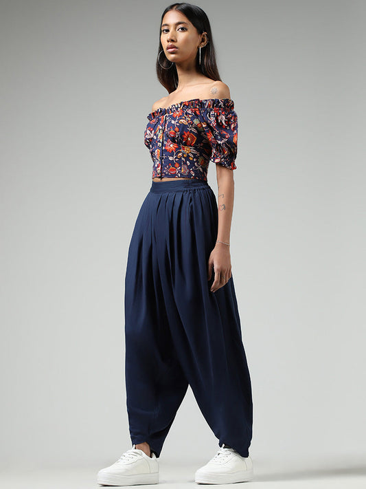 Bombay Paisley Navy Floral Printed Off-Shoulder Blended Linen Crop Top