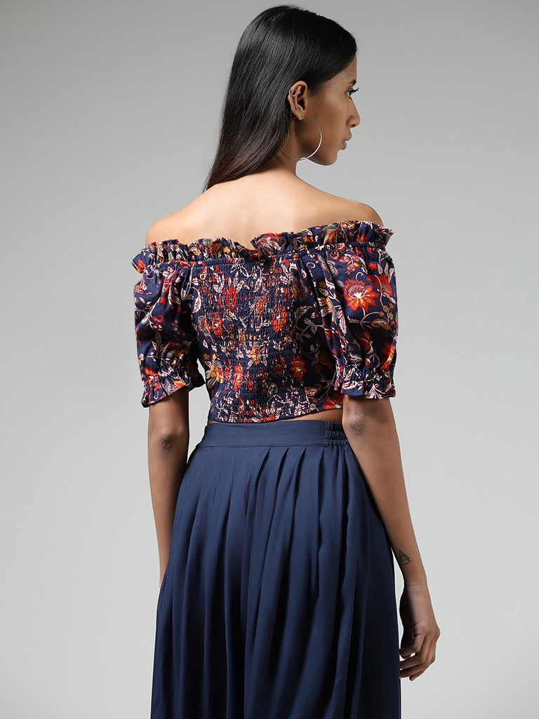 Bombay Paisley Navy Floral Printed Off-Shoulder Blended Linen Crop Top