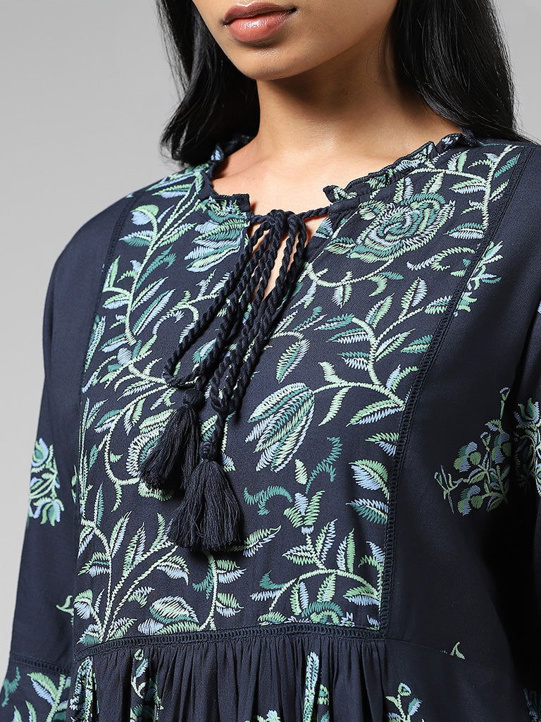 Utsa Dark Blue Floral Printed Bell Sleeves Gathered Kurti