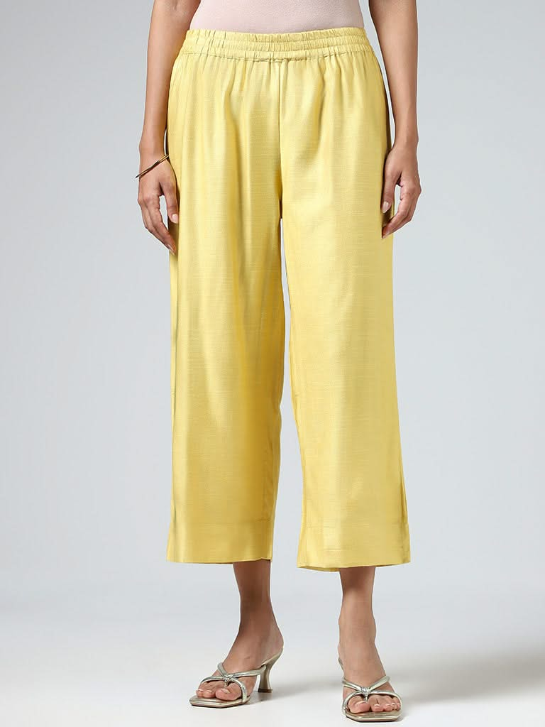 Zuba Mustard Yellow Cotton Blend Straight Pants