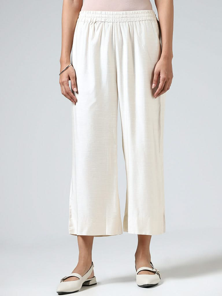 Zuba Off White Cotton Blend Straight Pants