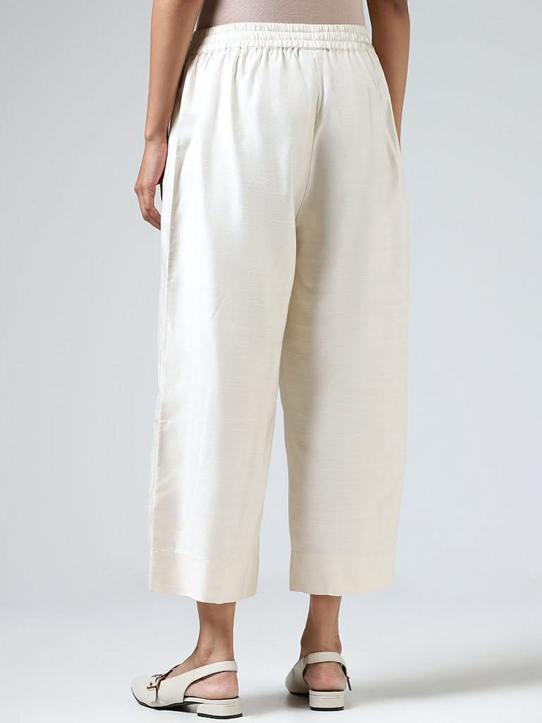 Zuba Off White Cotton Blend Straight Pants