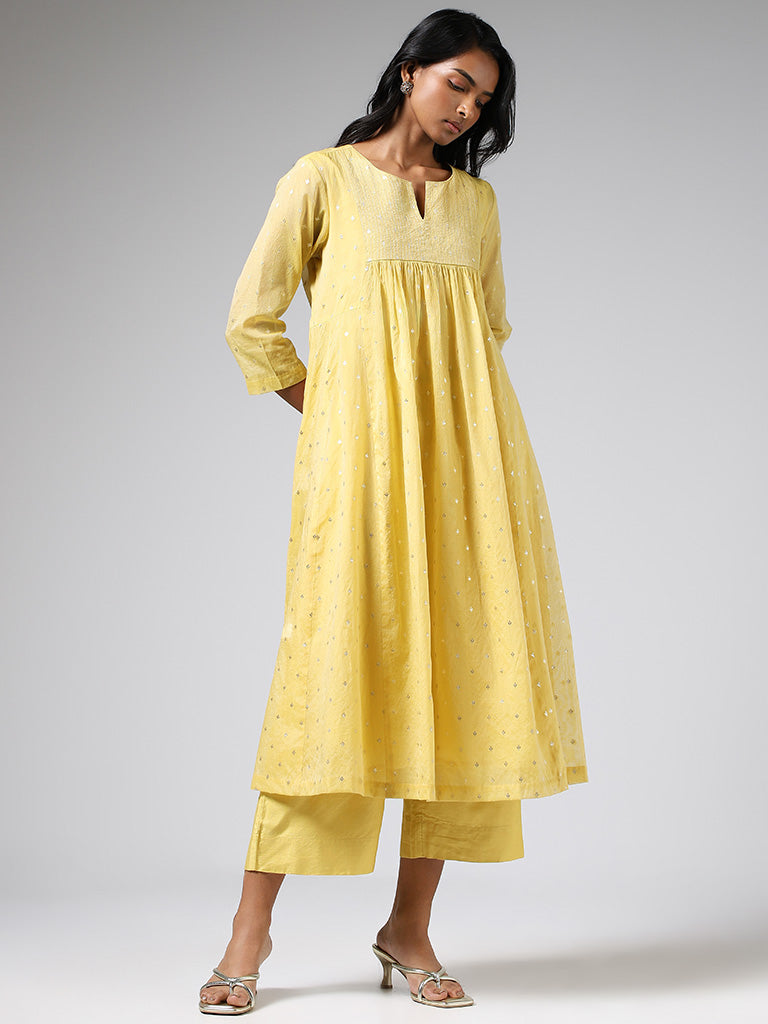 Zuba Yellow Embroidered Cotton Gathered Kurta with Inner