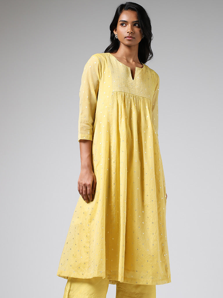 Zuba Yellow Embroidered Cotton Gathered Kurta with Inner