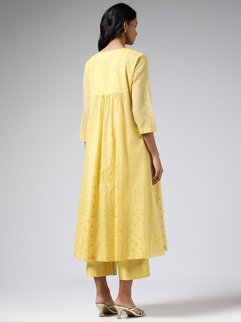 Zuba Yellow Embroidered Cotton Gathered Kurta with Inner