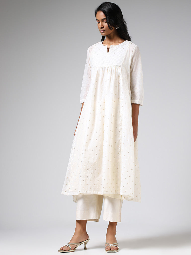 Zuba Off White Embroidered Cotton Gathered Kurta with Inner