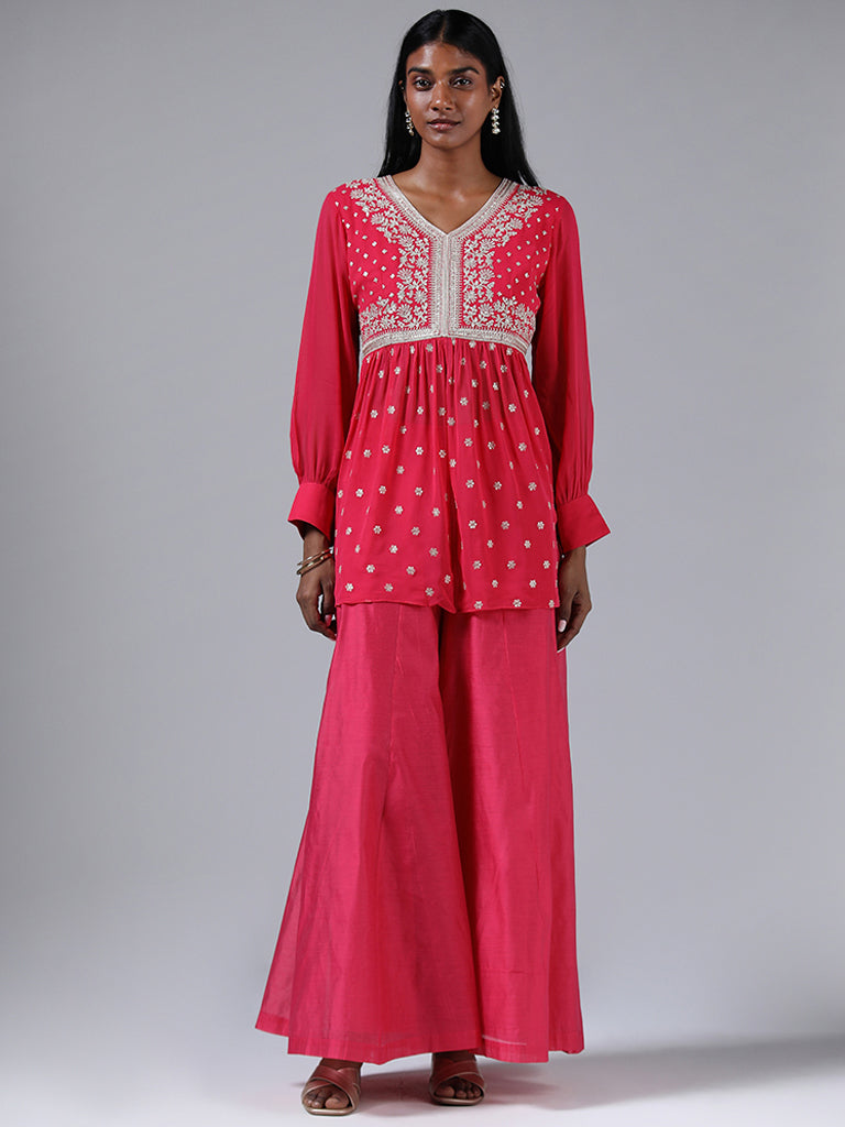 Vark Pink Zari Embroidered Front Slit Kurta & Palazzos Set