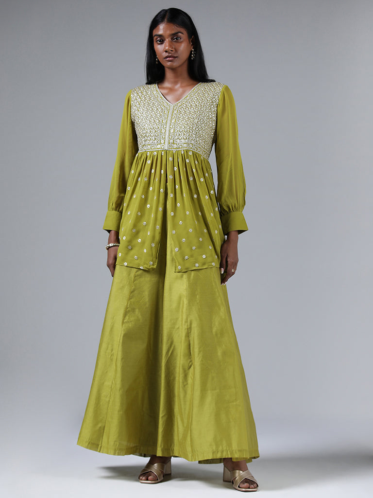 Vark Lime Zari Embroidered Front Slit Kurti & Palazzos Set