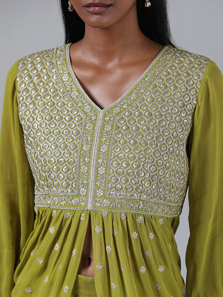 Vark Lime Zari Embroidered Front Slit Kurti & Palazzos Set