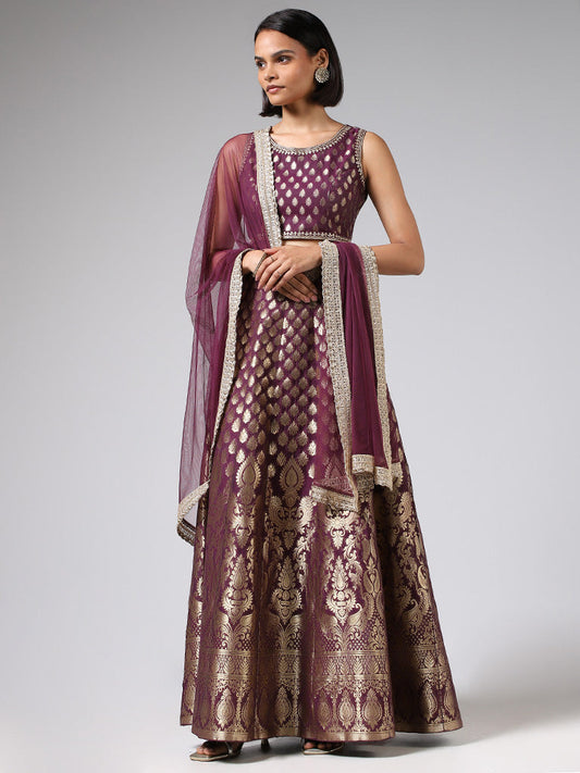 Vark Purple Brocade Choli, Gathered Skirt & Dupatta Set