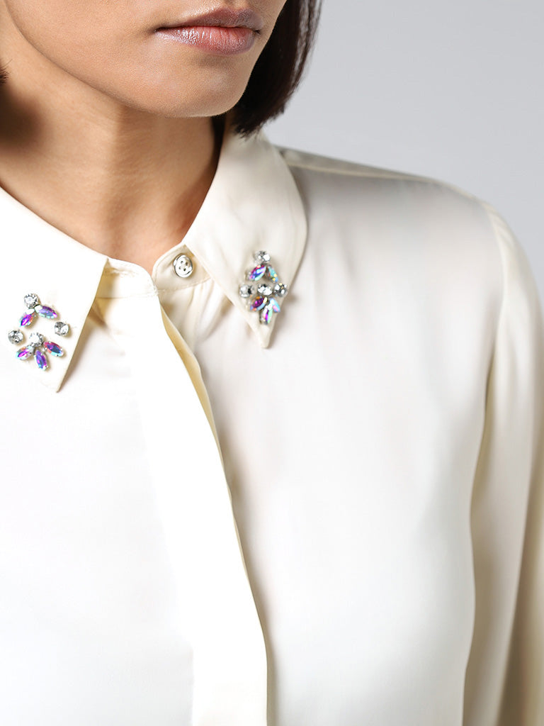 Wardrobe Ivory Embellished Collar Satin Shirt