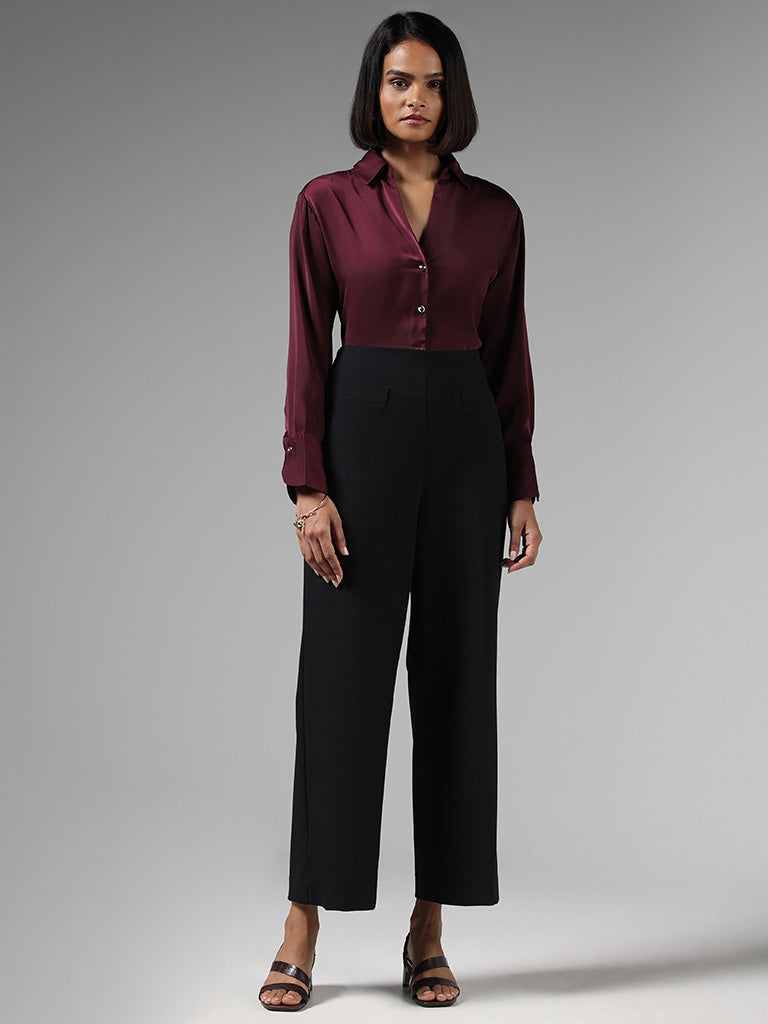 Wardrobe Solid Maroon Satin Shirt