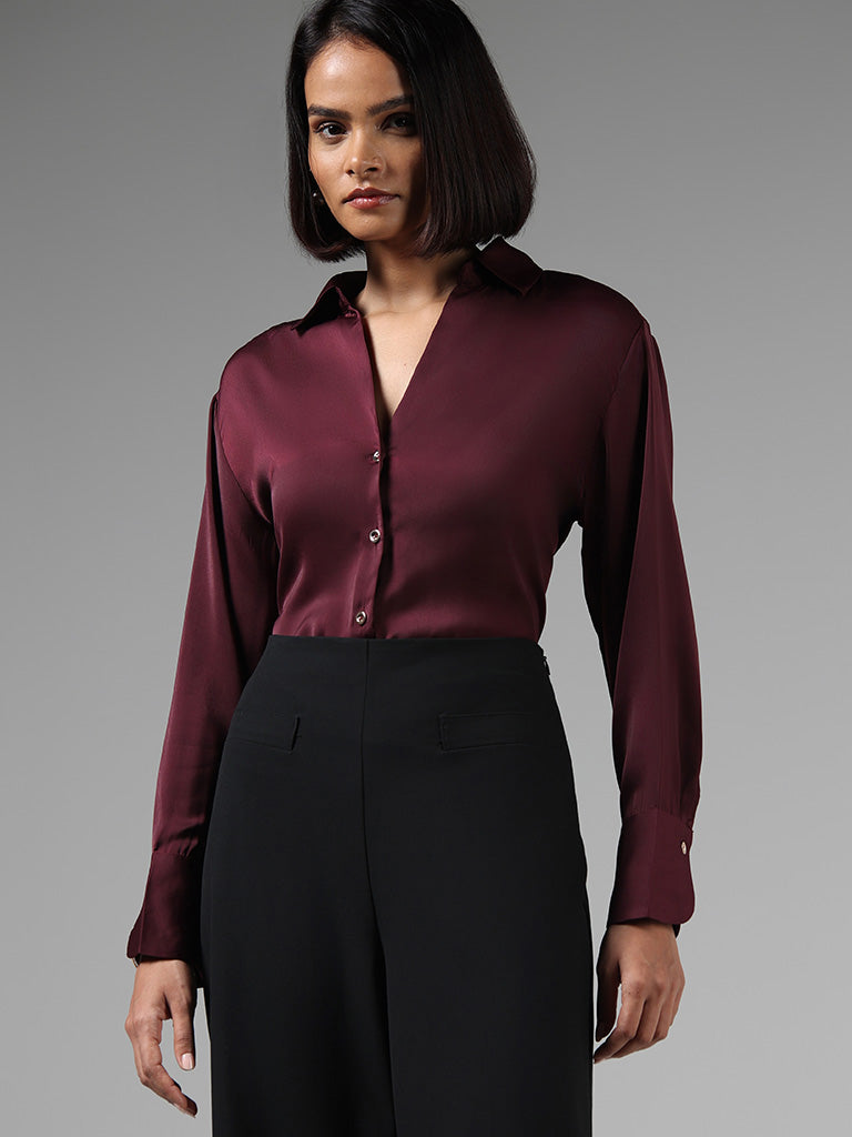 Wardrobe Solid Maroon Satin Shirt