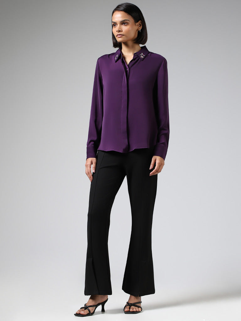 Wardrobe Dark Purple Embellished Collar Satin Shirt