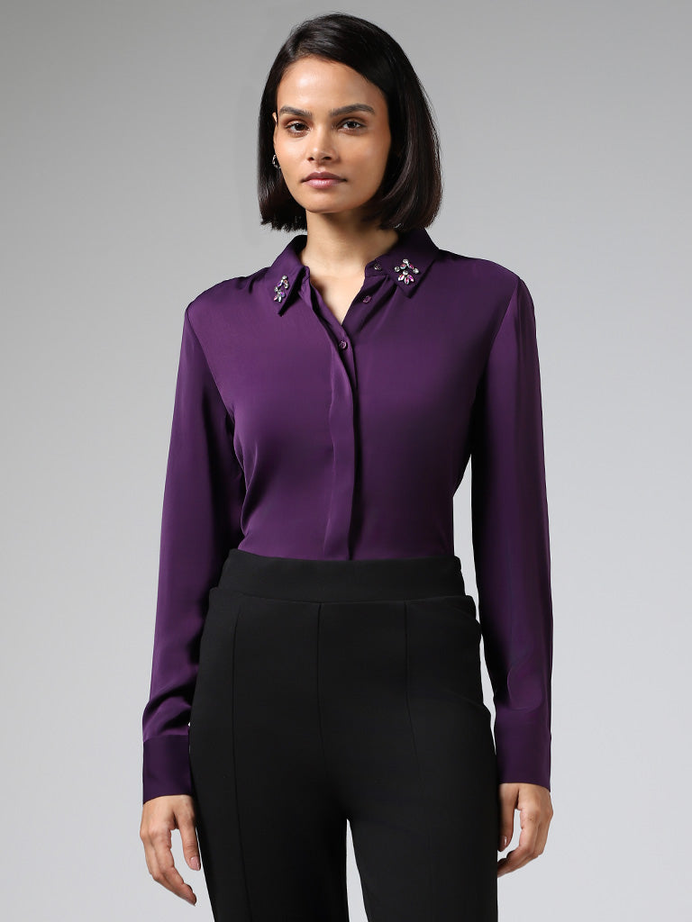 Wardrobe Dark Purple Embellished Collar Satin Shirt