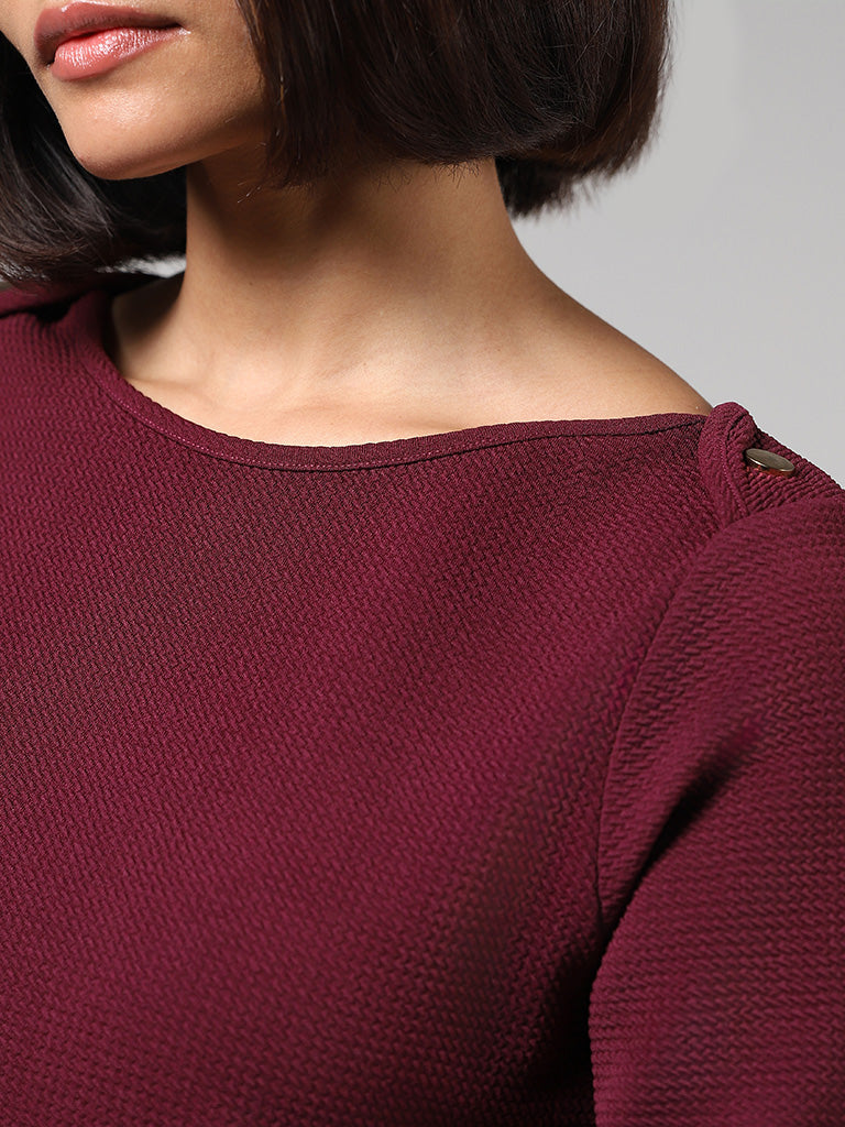 Wardrobe Solid Textured Burgundy Dress