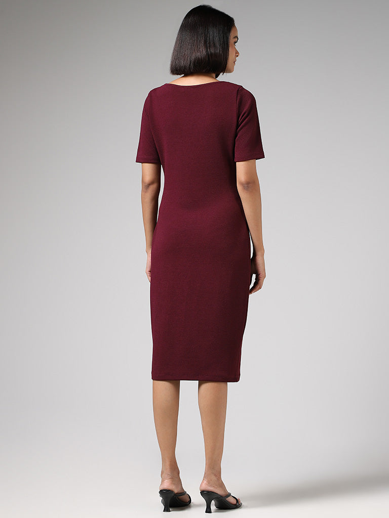 Wardrobe Solid Textured Burgundy Dress