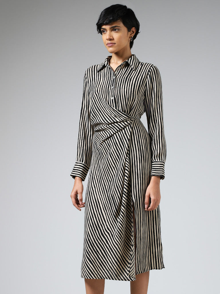 Wardrobe White & Black Striped Draped Detail Dress