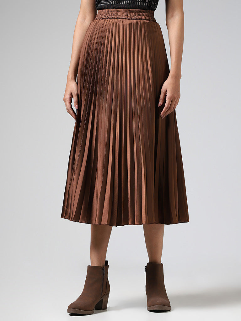 Wardrobe Brown Pleated Midi Skirt