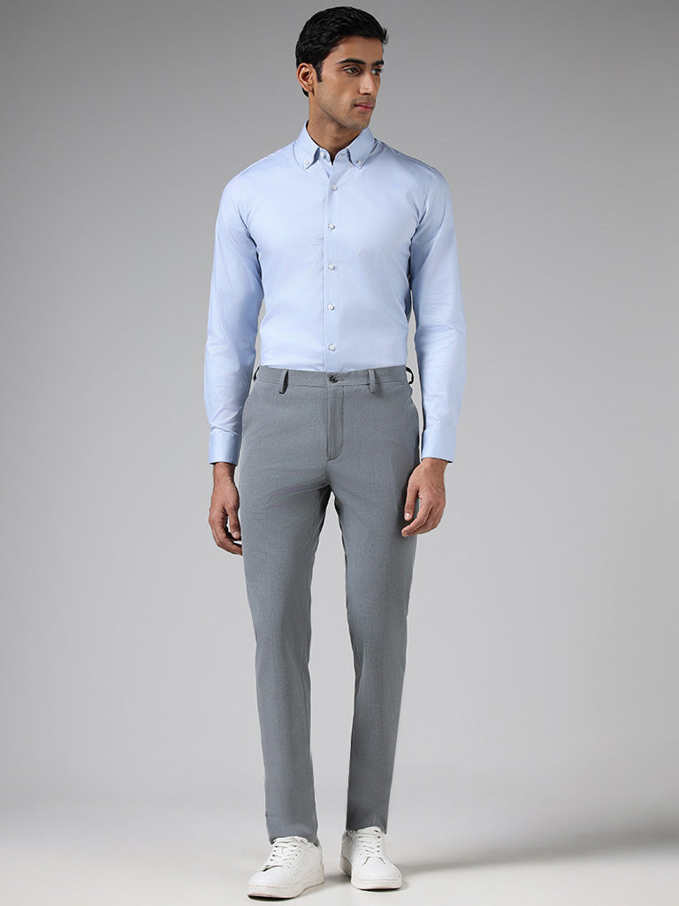 WES Formals Blue Cotton Blend Slim-Fit Shirt