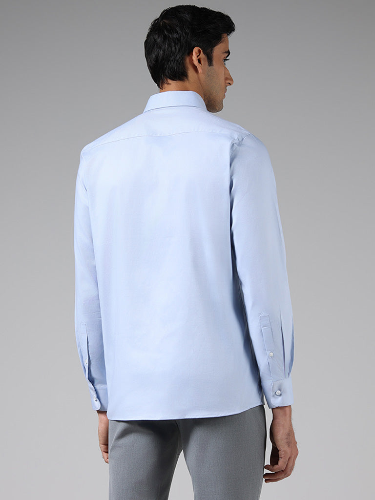 WES Formals Blue Cotton Blend Slim-Fit Shirt