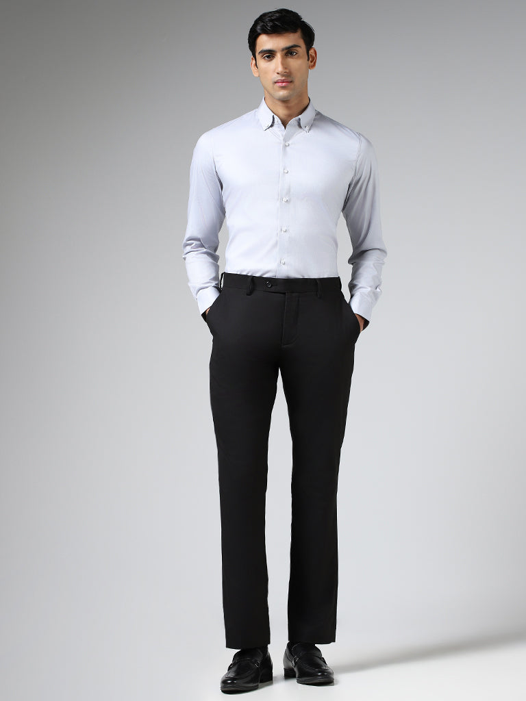 WES Formals Solid Light Grey Cotton Blend Slim-Fit Shirt