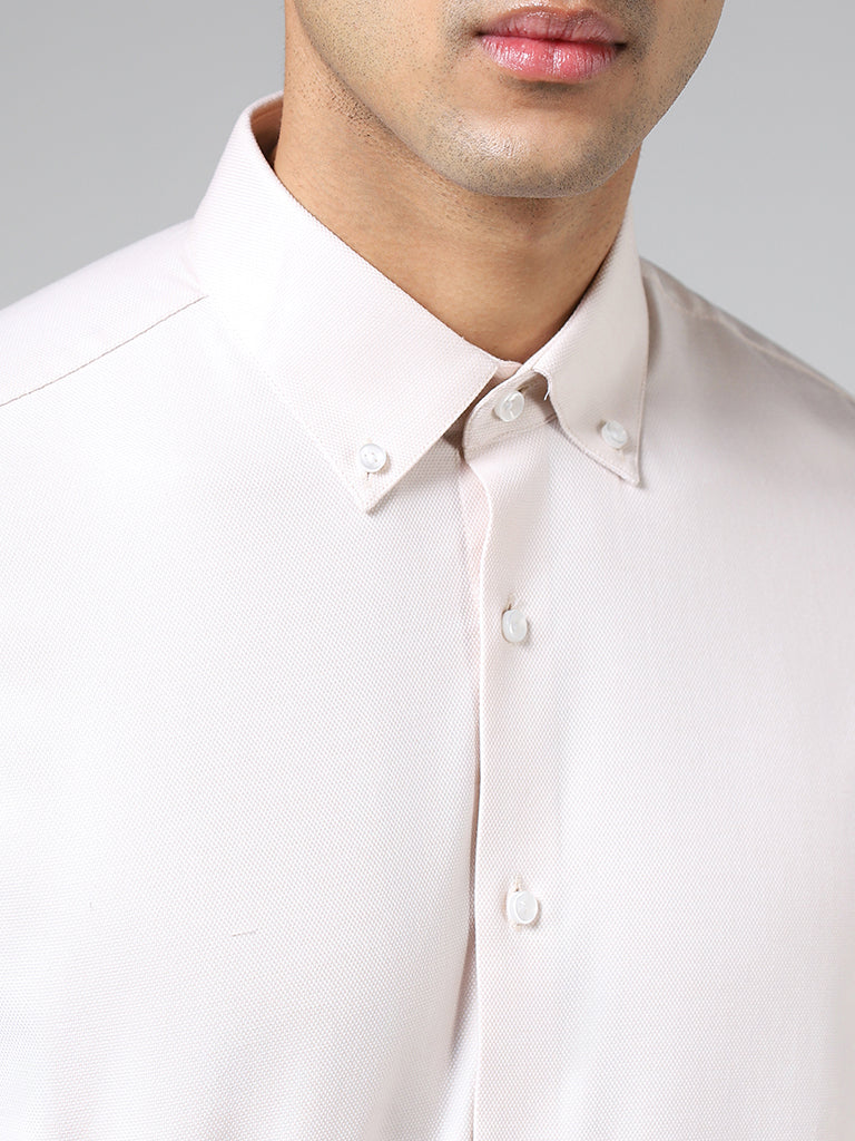 WES Formals Solid Cream Cotton Blend Slim-Fit Shirt