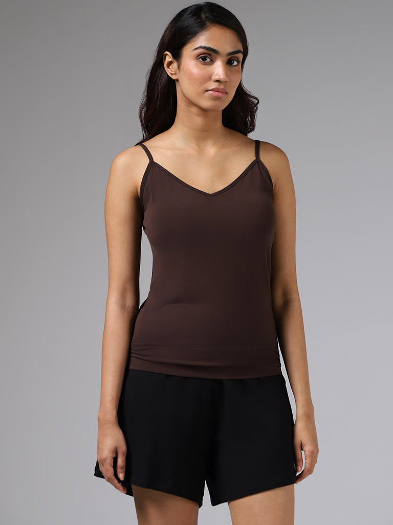 Wunderlove Solid Dark Brown V-Neck Camisole