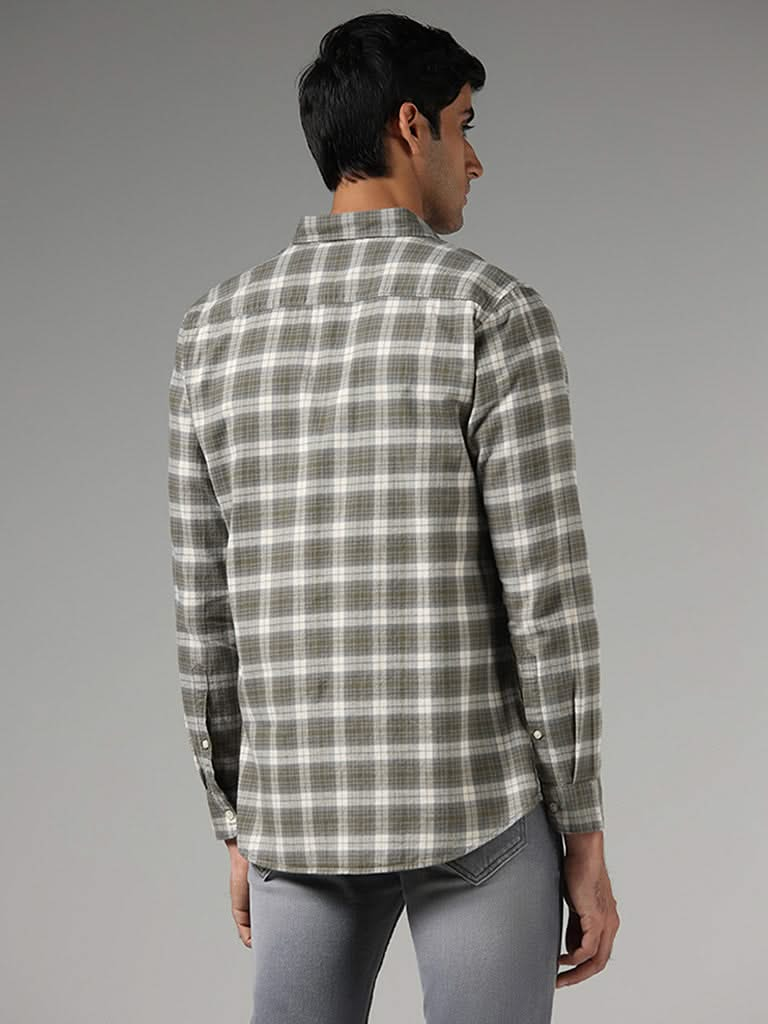 WES Casuals Light Olive Checked Cotton Slim-Fit Shirt