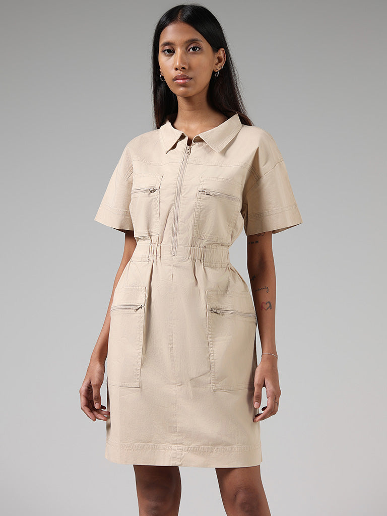 Nuon Solid Beige Cotton Blend Zip Dress