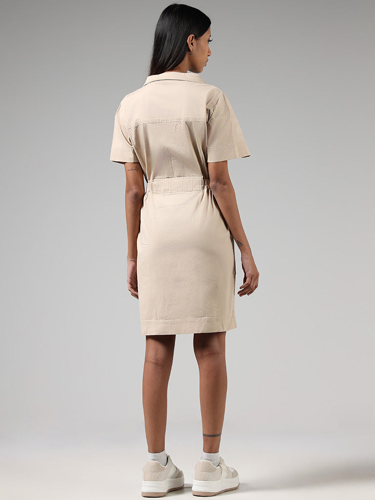 Nuon Solid Beige Cotton Blend Zip Dress