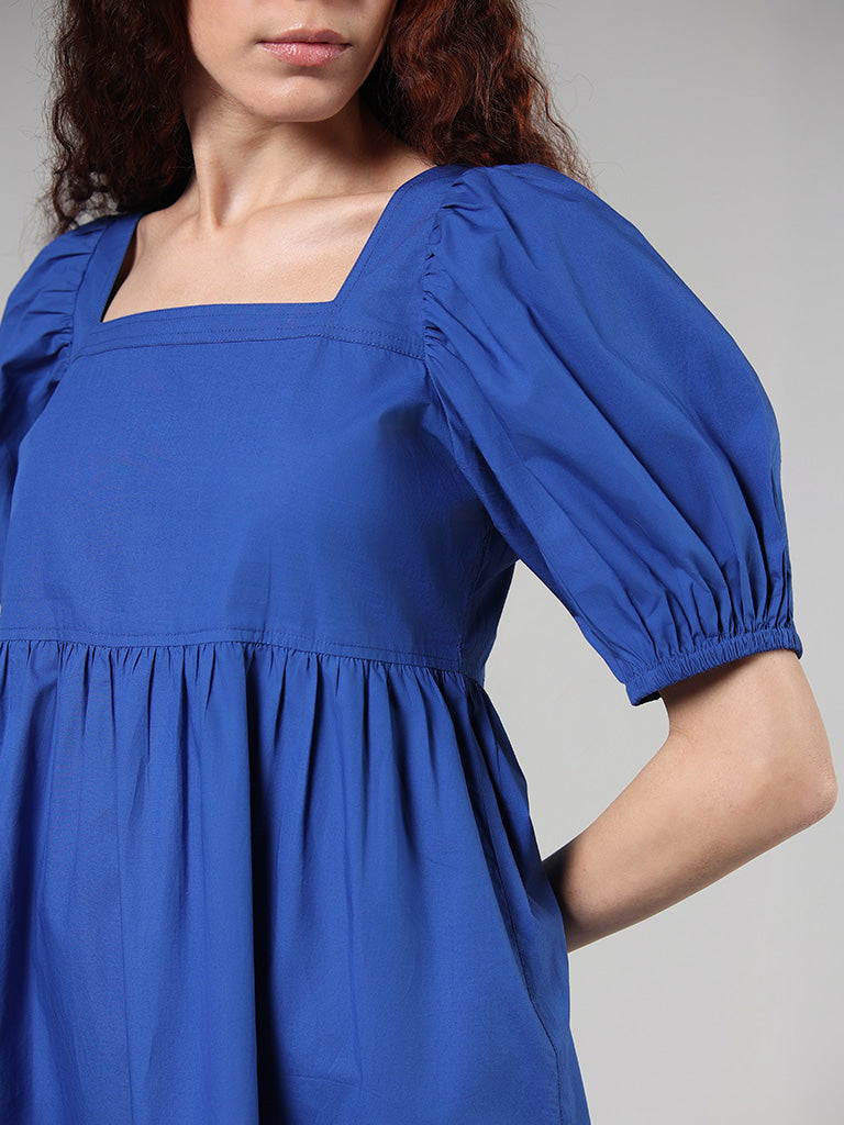 Nuon Solid Blue Cotton Gathered Dress