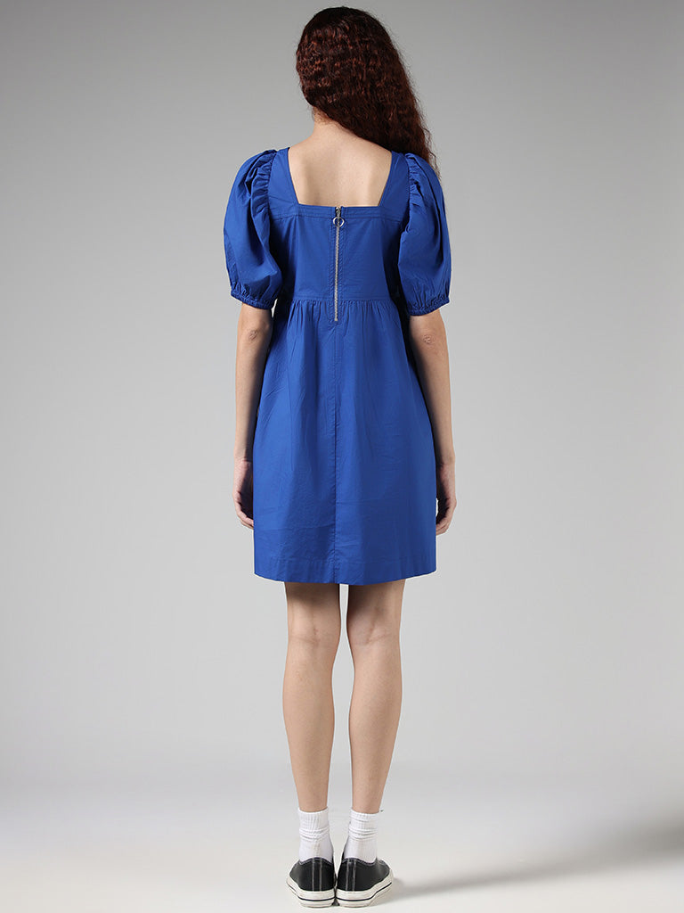 Nuon Solid Blue Cotton Gathered Dress