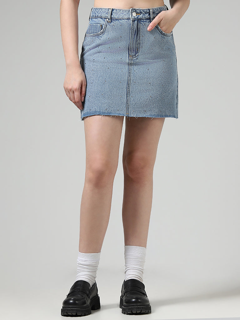 Nuon Light Blue Embellished Denim Mini Skirt