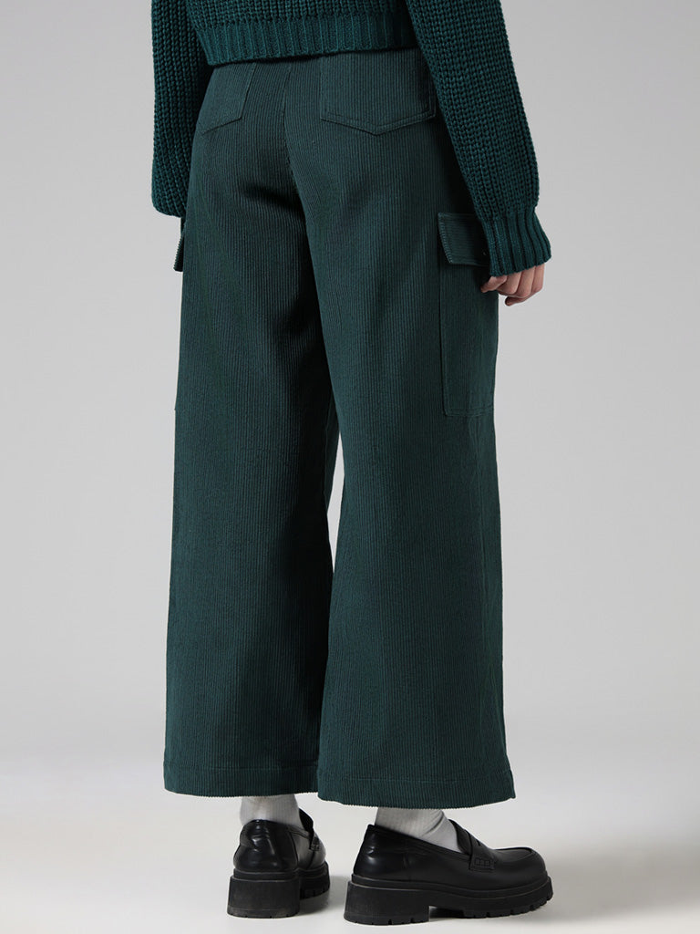 Nuon Green Ribbed Cotton Mid-Rise Trousers