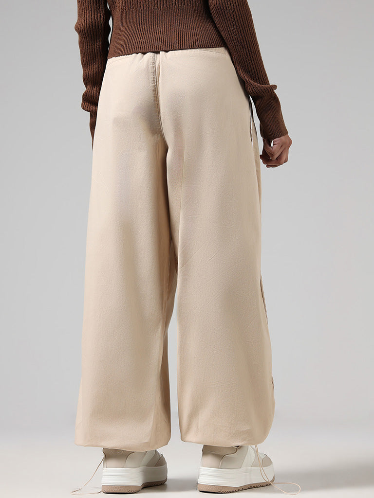 Nuon Solid Beige High-Waisted Cotton Blend Parachute Pants