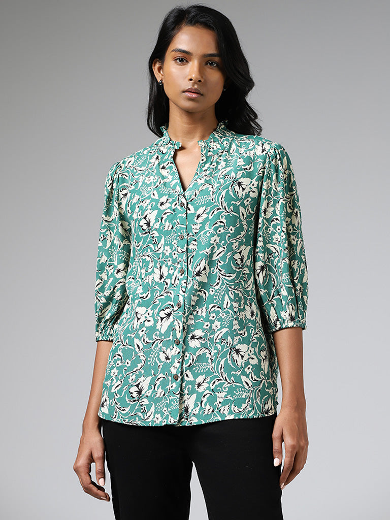 LOV Aqua Green Floral Printed Shirt