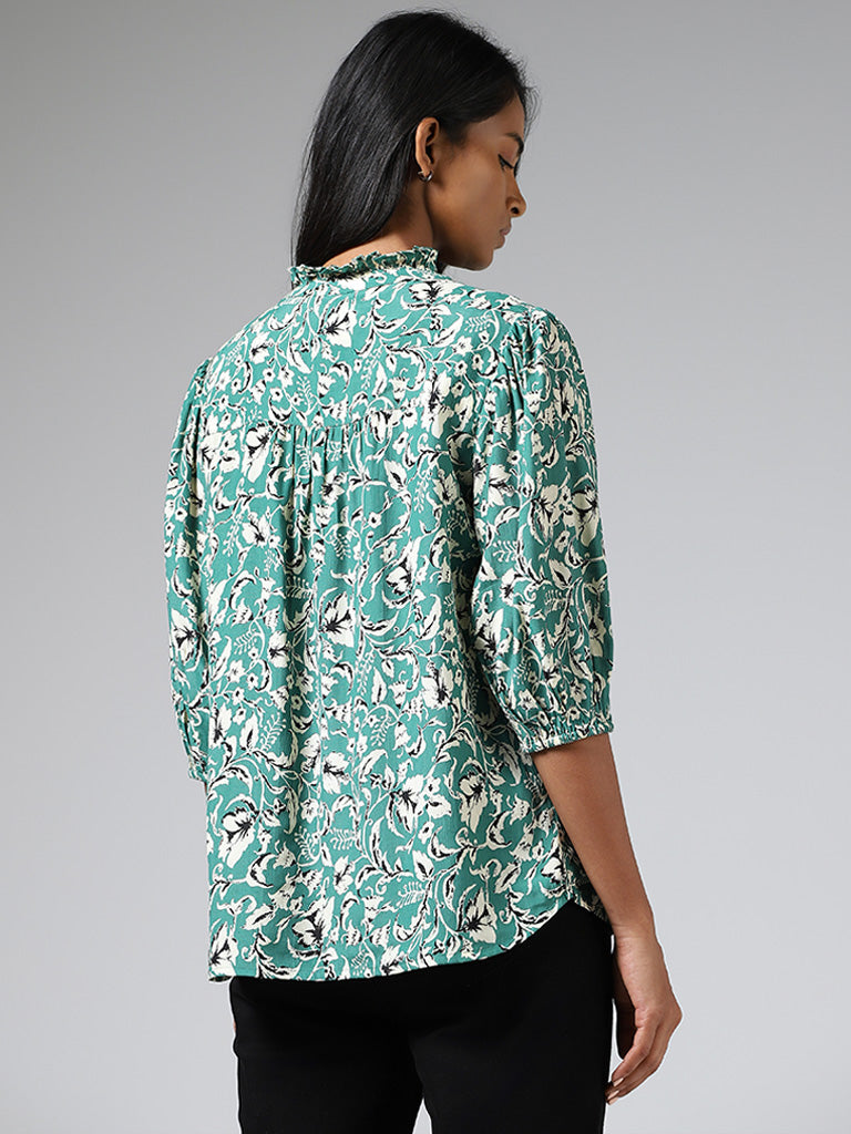 LOV Aqua Green Floral Printed Shirt