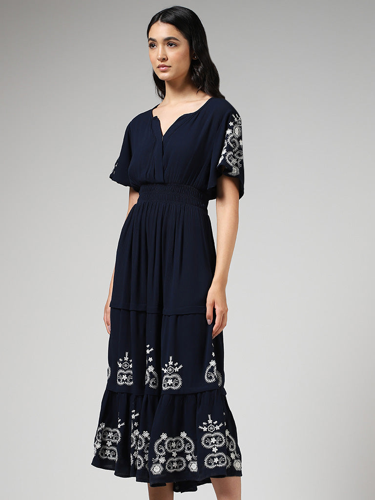 LOV Navy Floral Embroidered Tiered Dress