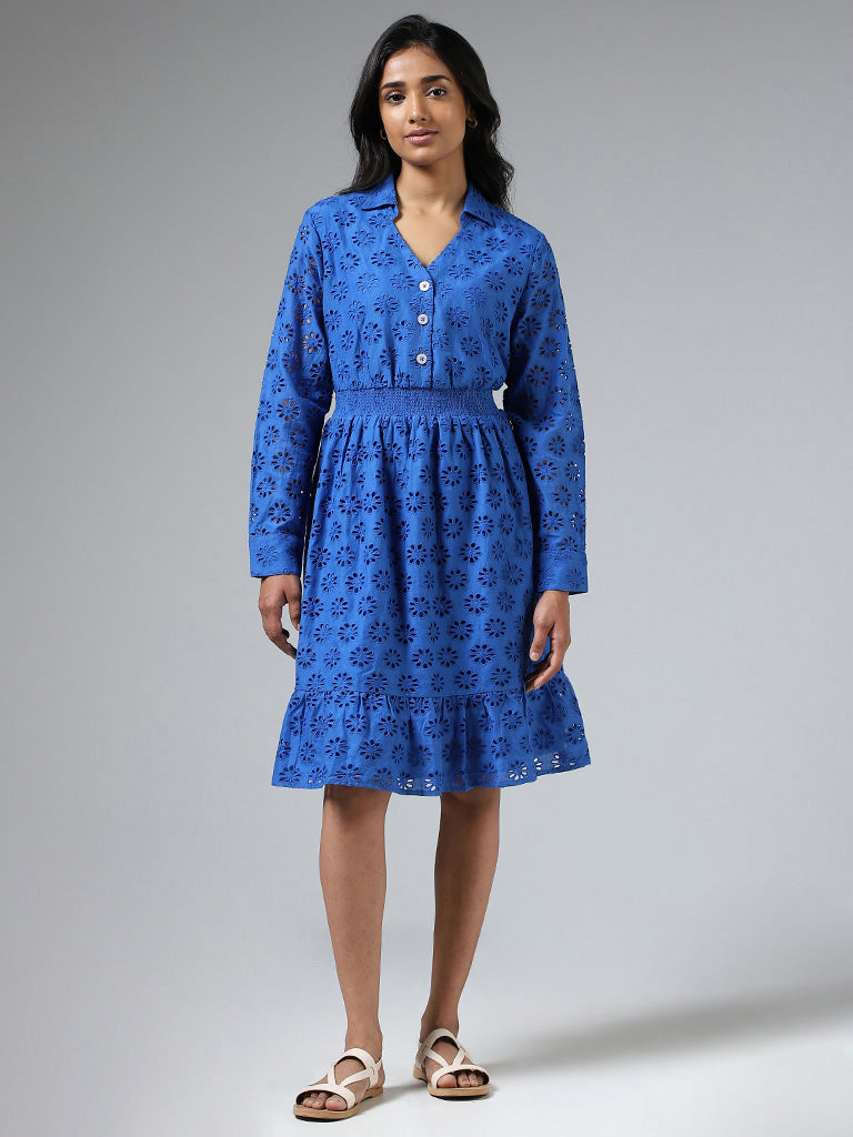 LOV Royal Blue Schiffli Gathered Dress