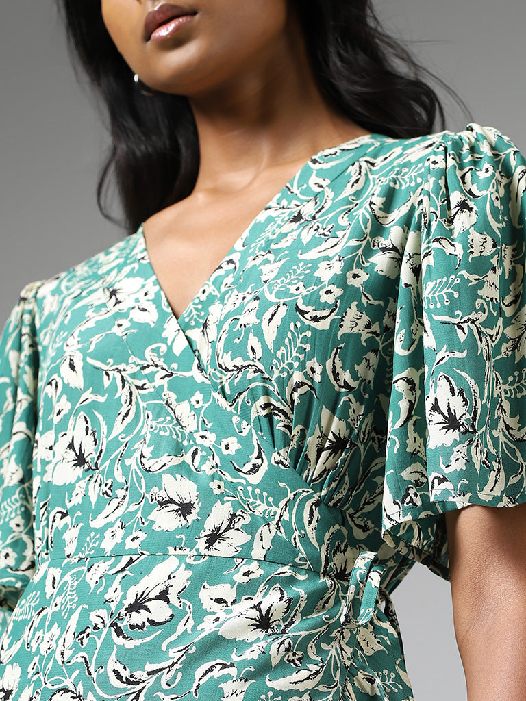 LOV Aqua Green Floral Printed Asymmetrical Wrap Dress