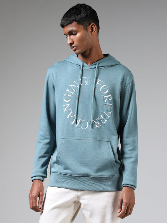 Nuon Teal Typographic Embroidered Relaxed-Fit Hoodie