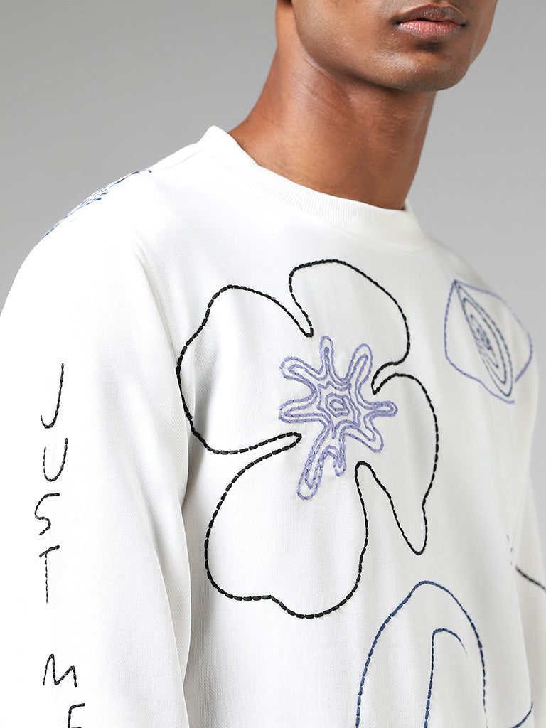 Nuon Off White Embroidered Cotton Blend Relaxed-Fit Sweatshirt