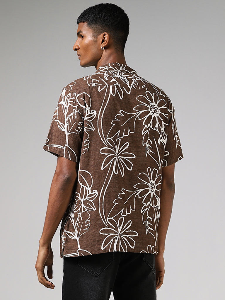 Nuon Brown Floral Printed Relaxed-Fit Blended Linen Shirt