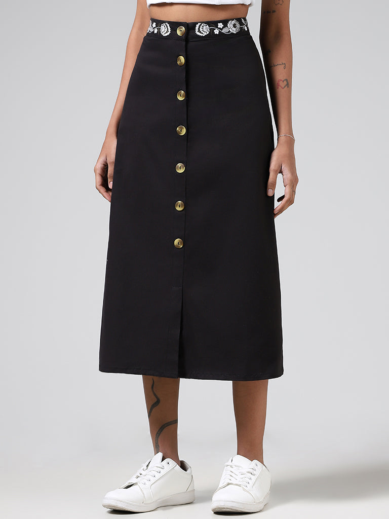 Bombay Paisley Black Embroidered Waistline Cotton Button-Down Skirt